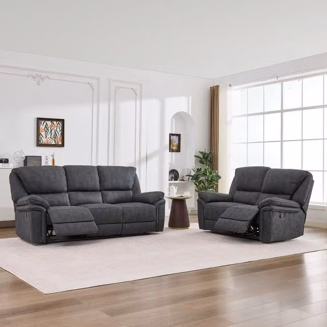 Furniture One Manual Reclining Leathaire Sofa Suite in Grey, Width: 216 cm