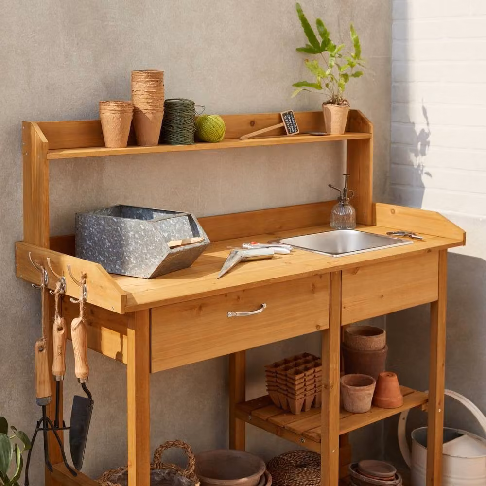 sweeek Wooden Potting Table in Light Brown, W/D/H: 121 x 45 x 117 cm – 4