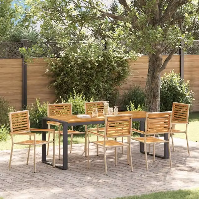 Berkfield Home 7 Piece Beige Poly Rattan and Acacia Wood Garden Dining Set