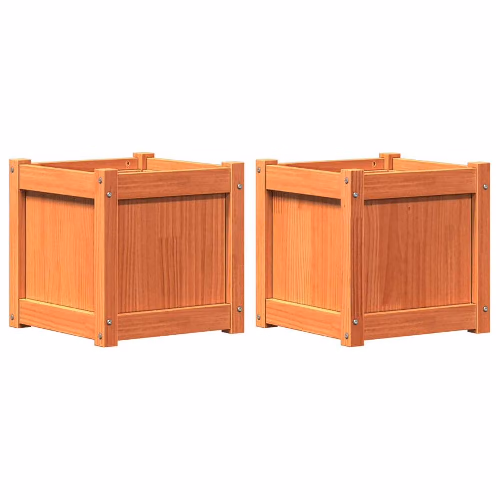 Berkfield Home Garden Wax Brown Solid Wood Pine Planter Tub, 2 Pack, W/D/H: 40 x 40 x 40 cm – 2