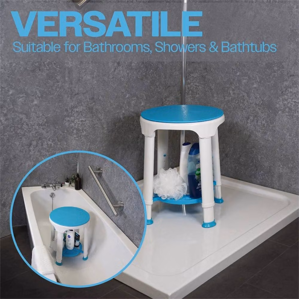 NESTLUNE Round White Plastic Bathroom Shower Stool with Non-Slip Height Adjustable Legs – 2