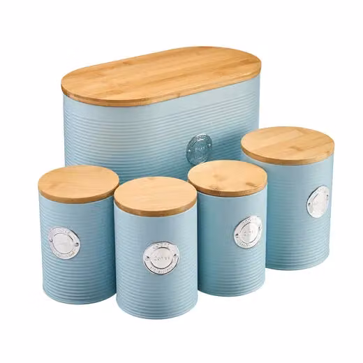 Cooks Professional 5 Piece Ribbed Tea Coffee Sugar Bread and Biscuit Airtight Canister Set with Bamboo Lids in Blue and Silver – 2
