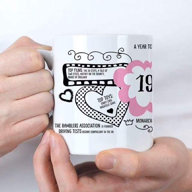 Afewhometruths 90th Birthday Mug Born in 1935 in Baby Pink and White