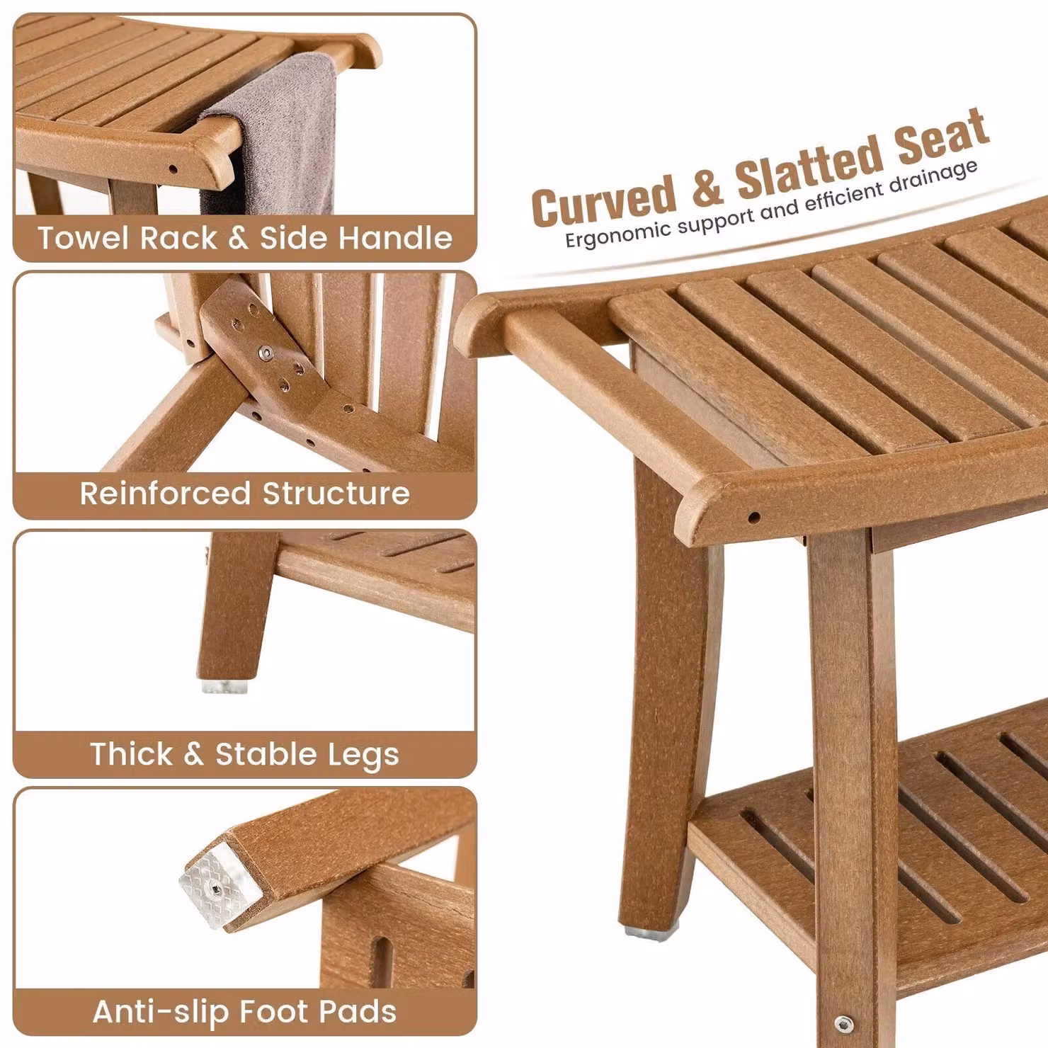 Costway Corner Shower Bench Stool with 2-Tier Storage Shelf in Brown – 5