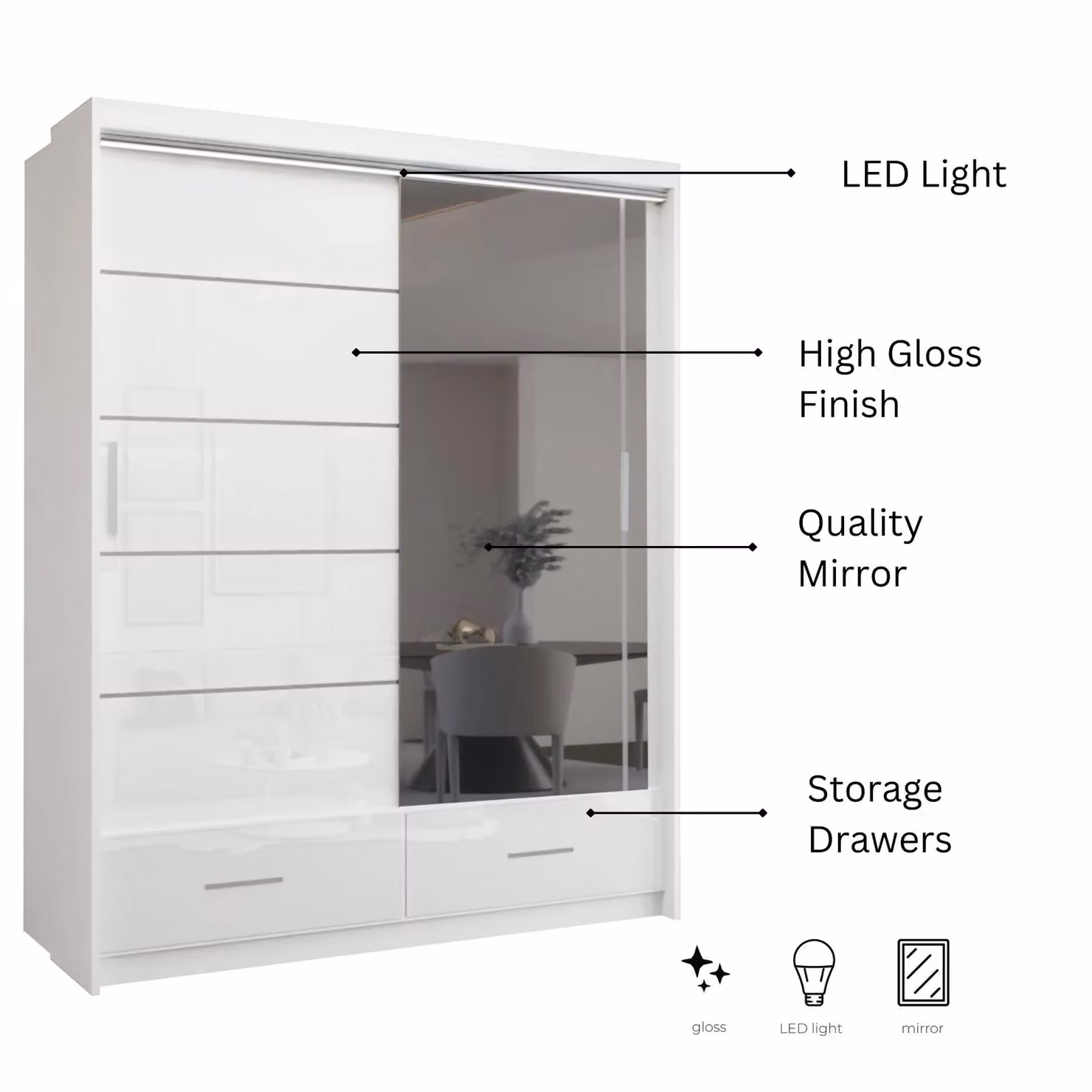 Sliding Wardrobes 4U Luxury High Gloss Sliding Wardrobe with Integrated LED Light, White, W: 150 cm, H: 220 cm – 3