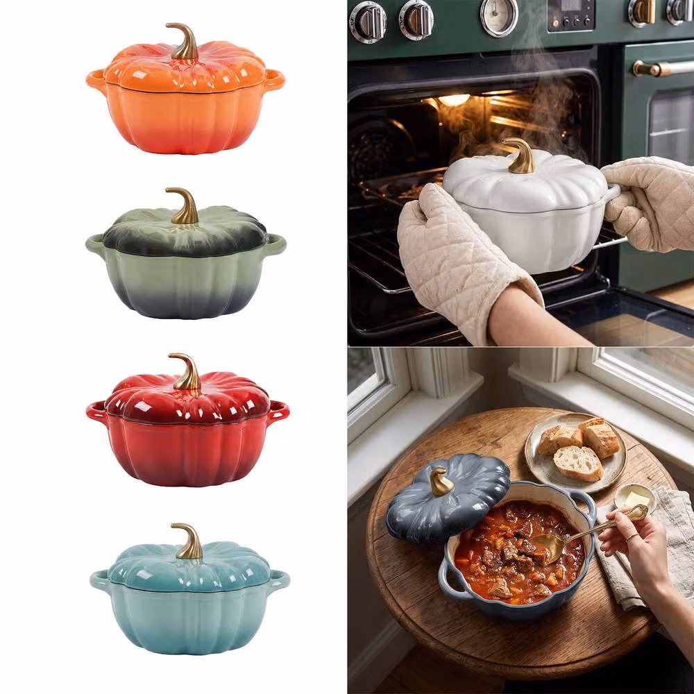Living and Home Enamelled Cast Iron Pumpkin Dutch Oven with Lid and Handles in White – 4