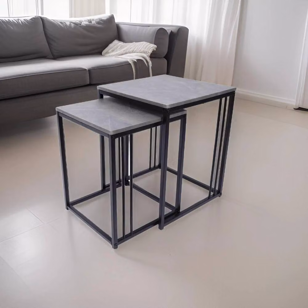 FORGEVIO Set of 2 Grey Marble Effect Nesting Coffee Side Tables with Metal Frame – 2