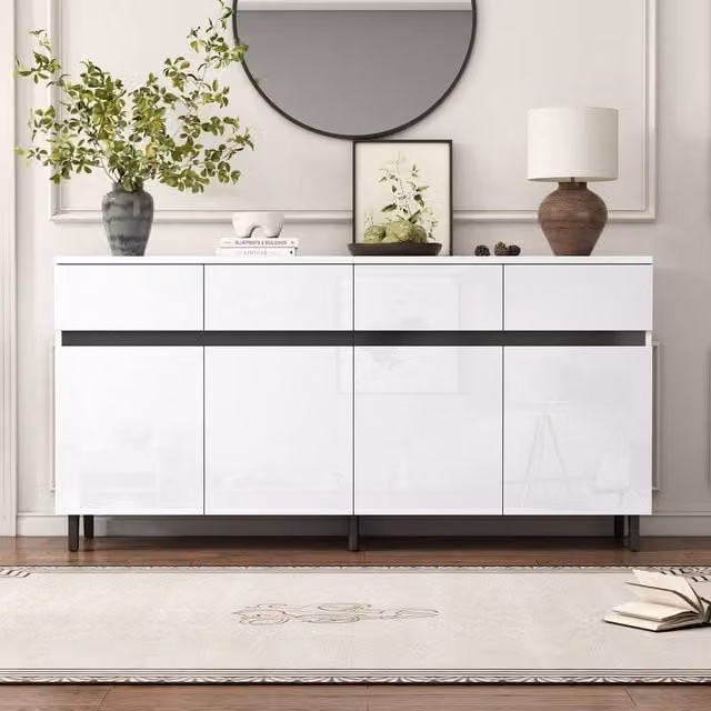 ModernLuxe White Glossy Sideboard Cabinet with 4 Drawers, 4 Doors and Adjustable Shelves, W: 160 cm, H: 68 cm, D: 40 cm