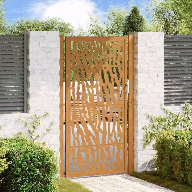 Berkfield Home Garden Gate in Brown Weathering Steel with Trace Design, W: 105 cm, H: 180 cm – 1
