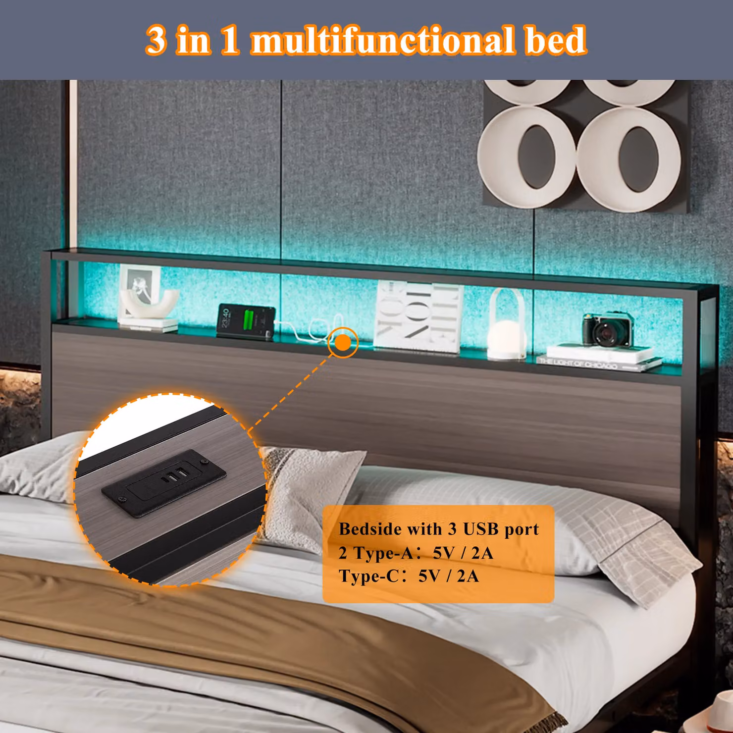 Matteo Metal Single Bed in Black with LED Under-bed Lighting, USB Charging Port and 4 Drawers, W/D/H: 90 x 190 cm – 7