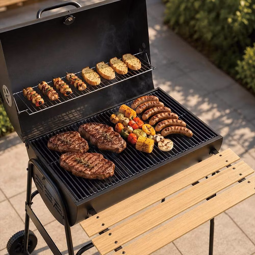 House of Home XL Barrel Charcoal BBQ Grill Smoker with Thermometer and Wheels in Black – 4