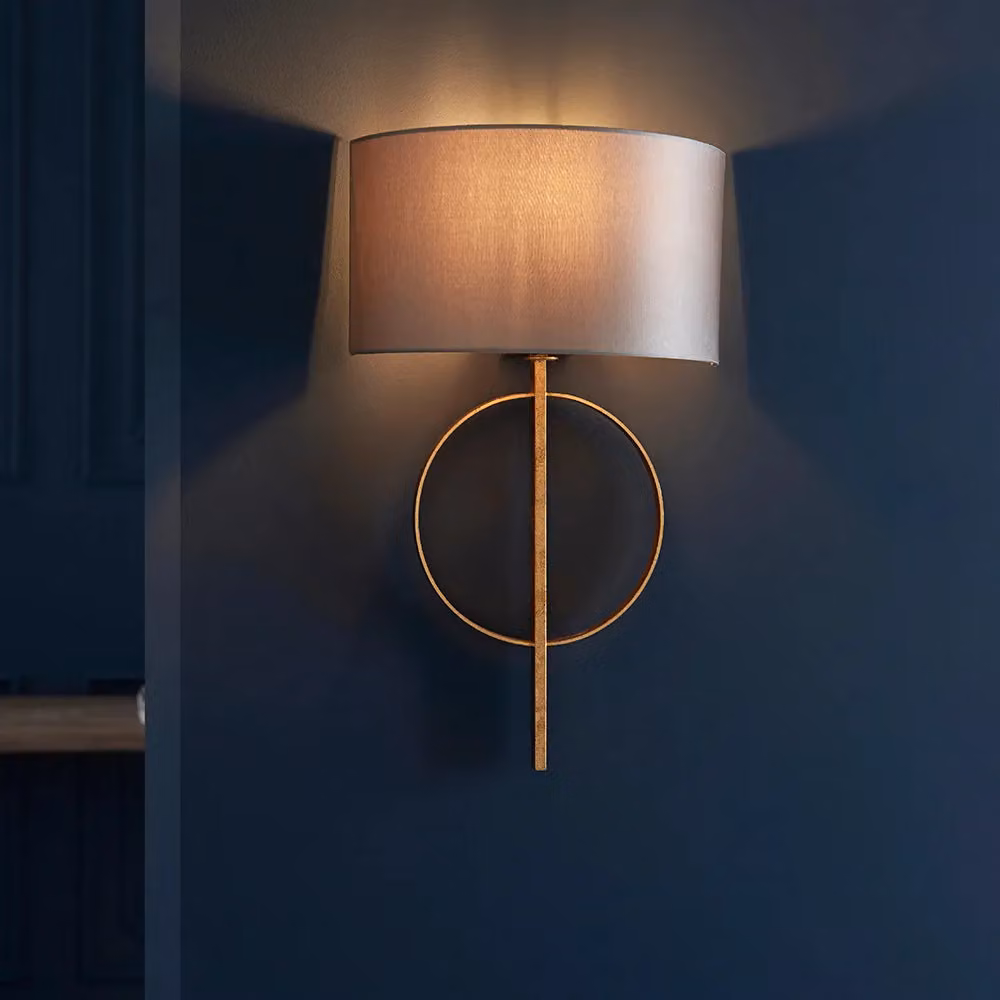 Loops Antique Gold Leaf Wall Light with Mink Satin Half Shade and Dimmable LED Filament Lamp – 2