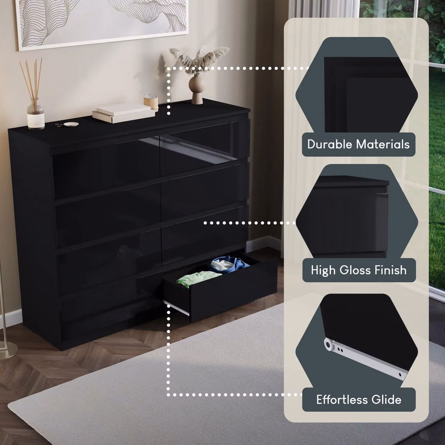 Vida Designs Glinton Gloss 8 Drawer Chest of Drawers in Black – 2