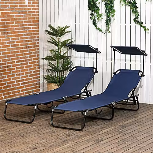 Outsunny 2 Piece Folding Sun Loungers with Canopy in Dark Blue – 2