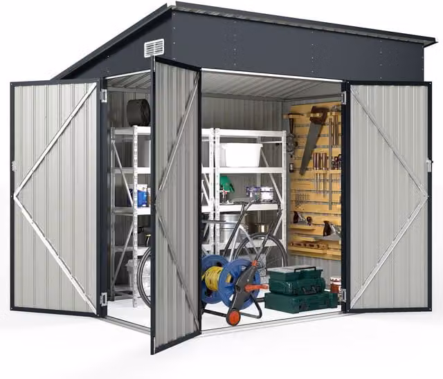 COSTWAY Grey Pent Triple Door Metal Storage Shed with Galvanised and Stainless Steel Construction