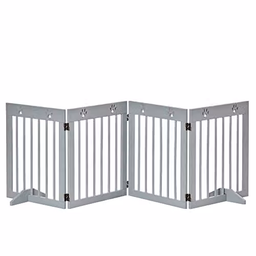 PawHut 4-Panel Wooden Freestanding Pet Gate and Folding Dog Barrier in Light Grey, H 61 cm x W 204 cm – 1
