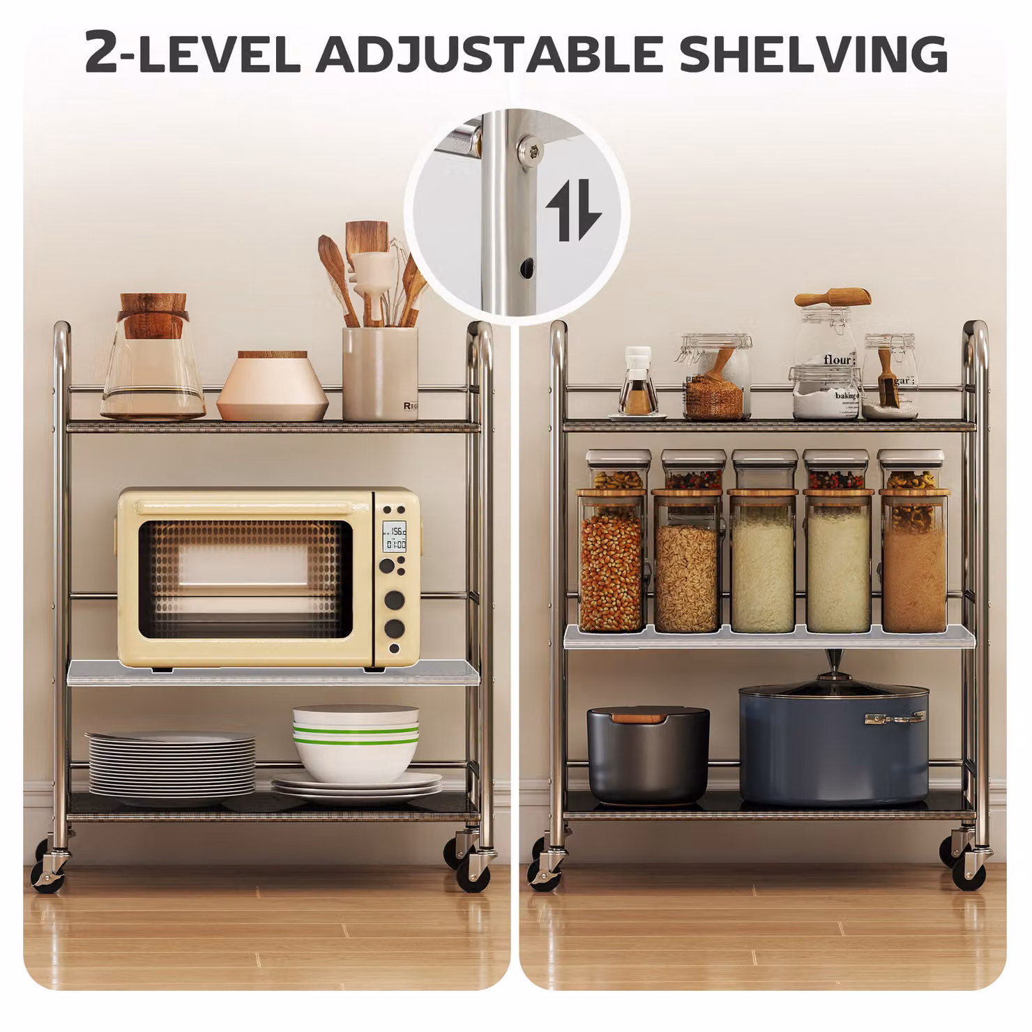 HOMCOM 3 Tier Stainless Steel Kitchen Storage Trolley with Adjustable Shelves, Silver – 3