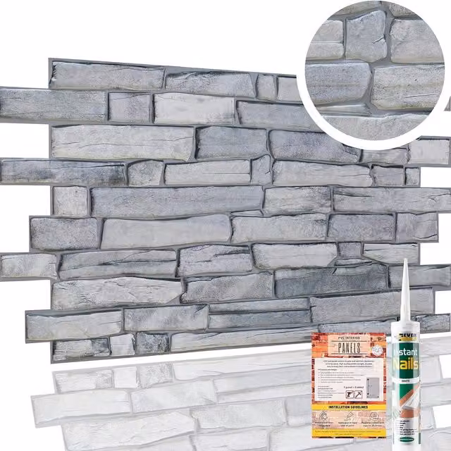 NOVECRAFTO Grey Stone Look 3D PVC Wall Panels with Adhesive, 20 Pack