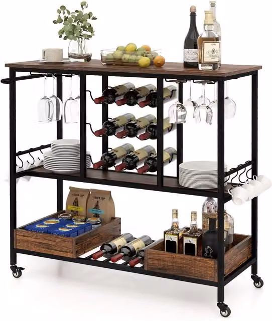 Costway 3 Tier Kitchen Bar Cart with Glass Racks in Brown – 1
