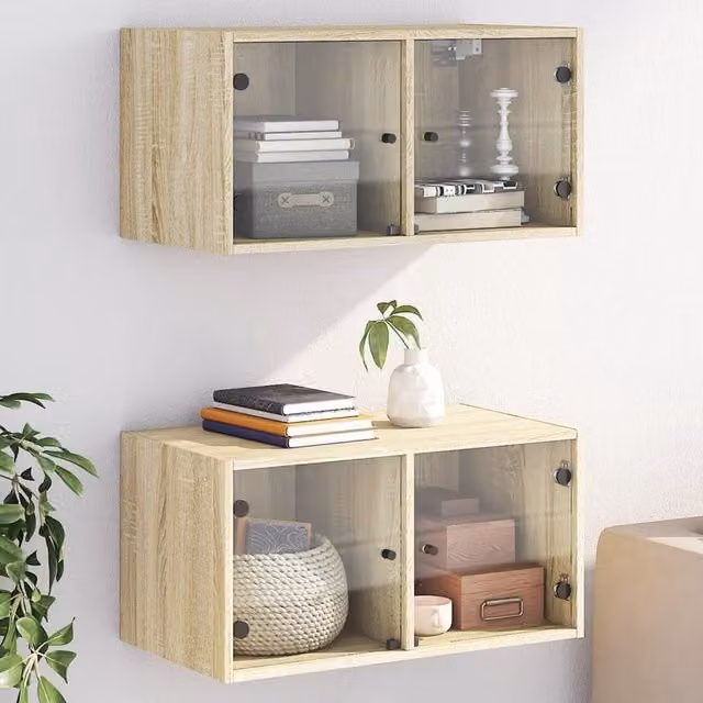 Berkfield Home Set of 2 Wall Mounted Cabinets with Glass Doors in Sonoma Oak Brown, W: 68.5 cm, D: 37 cm, H: 35 cm – 1