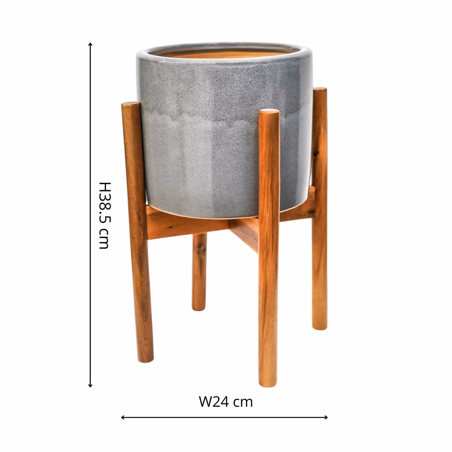 Ivyline Anzio Warm Grey Ceramic Planter with Wooden Stand, H38.5 x D24 cm – 3