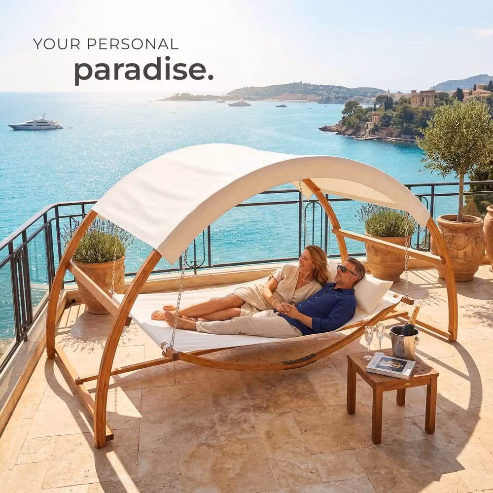tectake Locarno 2 Seater Garden Hammock with Stand and Sun Canopy in Walnut and Brown – 4