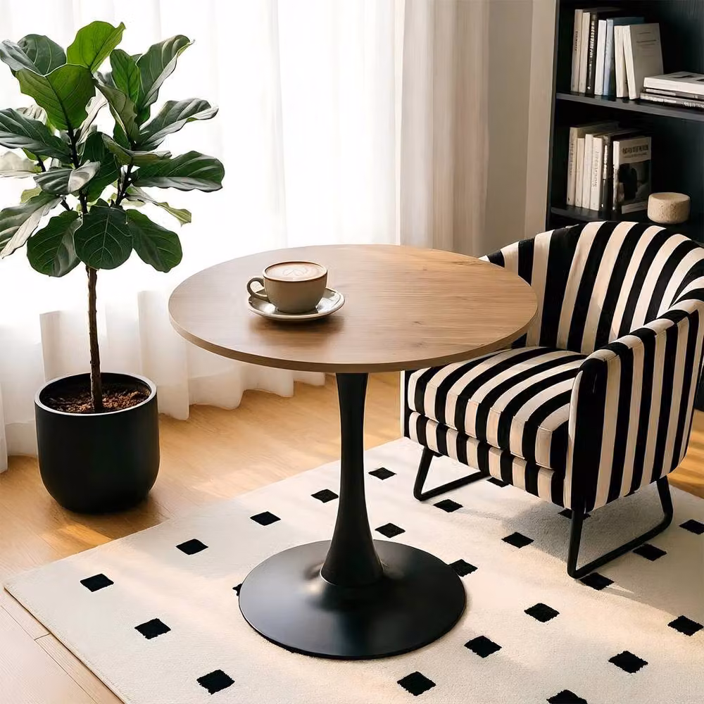 FORGEVIO Industrial Round Wooden Dining Table with Metal Pedestal in Brown – 4