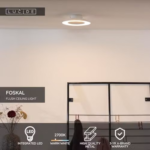 Lucide Foskal Modern LED Flush Ceiling Light, White, Diameter: 21.5 cm – 2