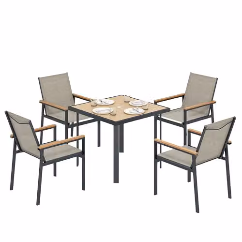 Outsunny 5 Piece Garden Dining Set with Square Glass Table and 4 Chairs in Beige – 1