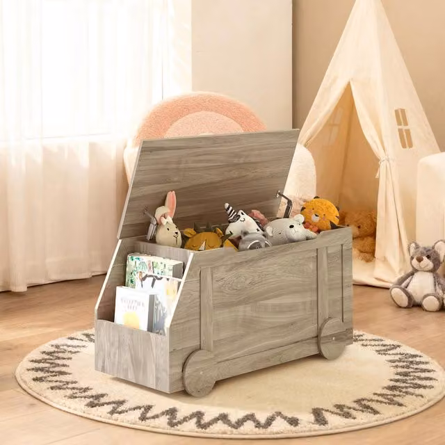 KEEPREAPER Stylish Wooden Toy Storage Box with Lid and Safety Hinges in Grey