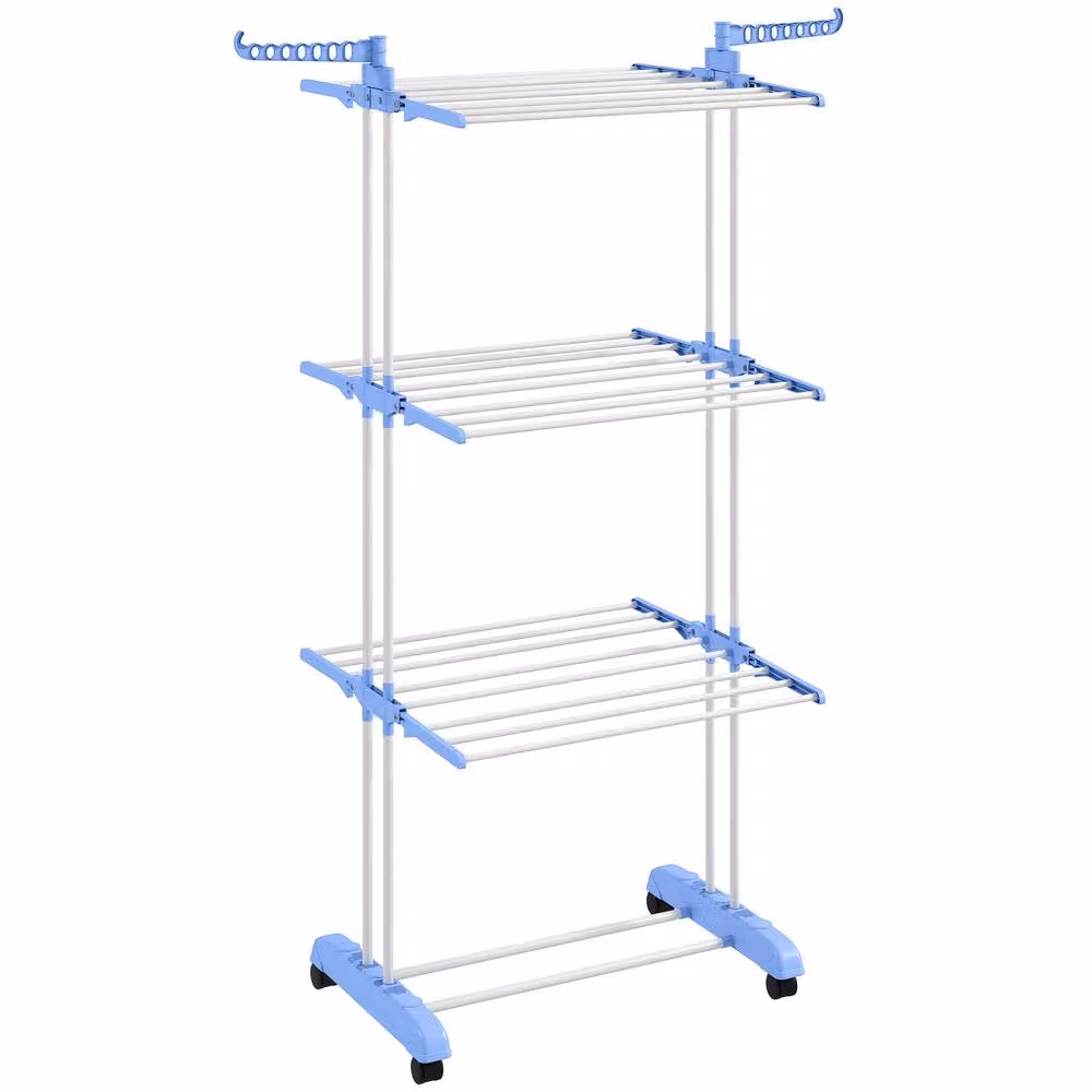 STILVORA 4-Tier Foldable Clothes Airer with Wheels and Hooks in Blue – 2