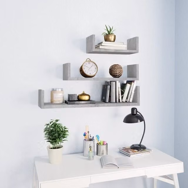Berkfield Home Wall Mounted Display Shelf Set of 3 in Concrete Grey