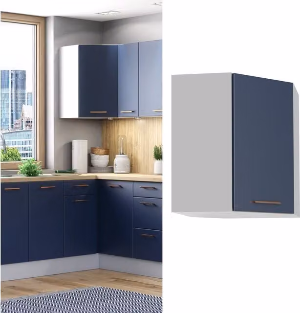 Impact Furniture Nora Modern Matt Navy Blue and Grey Corner Wall Unit with Soft Close Hinged Door, W/D/H: 60 x 30.4 x 72 cm