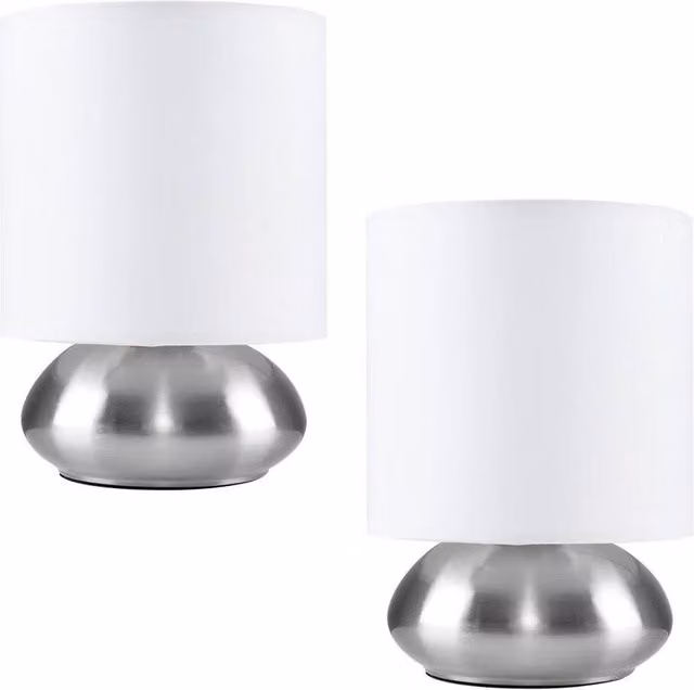 FORGEVIO Pair of Dimmable Touch Bedside Table Lamps with Chrome Base and White Fabric Shades