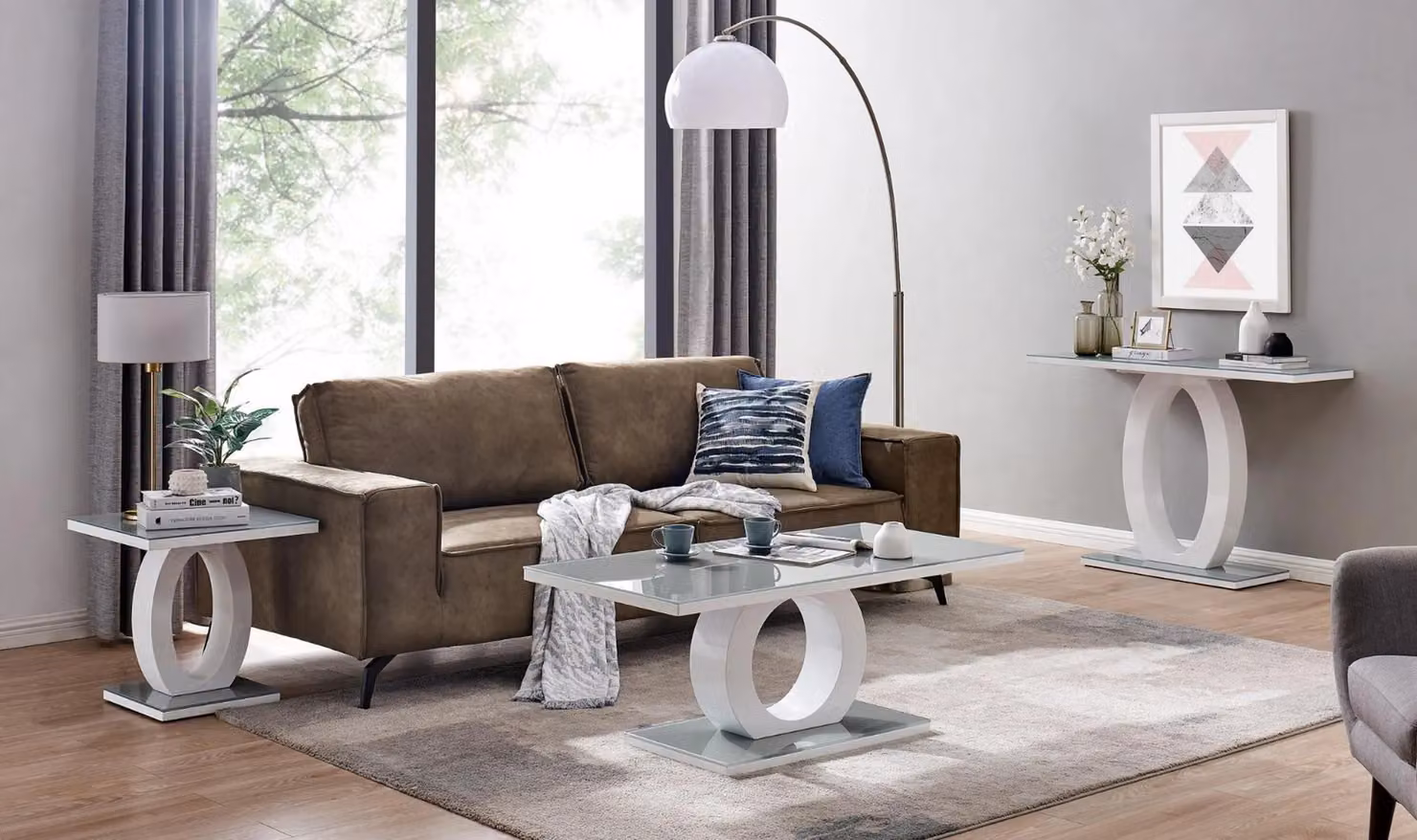 FurnitureboxUK Giovani Rectangular High Gloss Console Table with Glass Top in White and Grey, W: 120 cm, D: 40 cm, H: 1 cm – 2