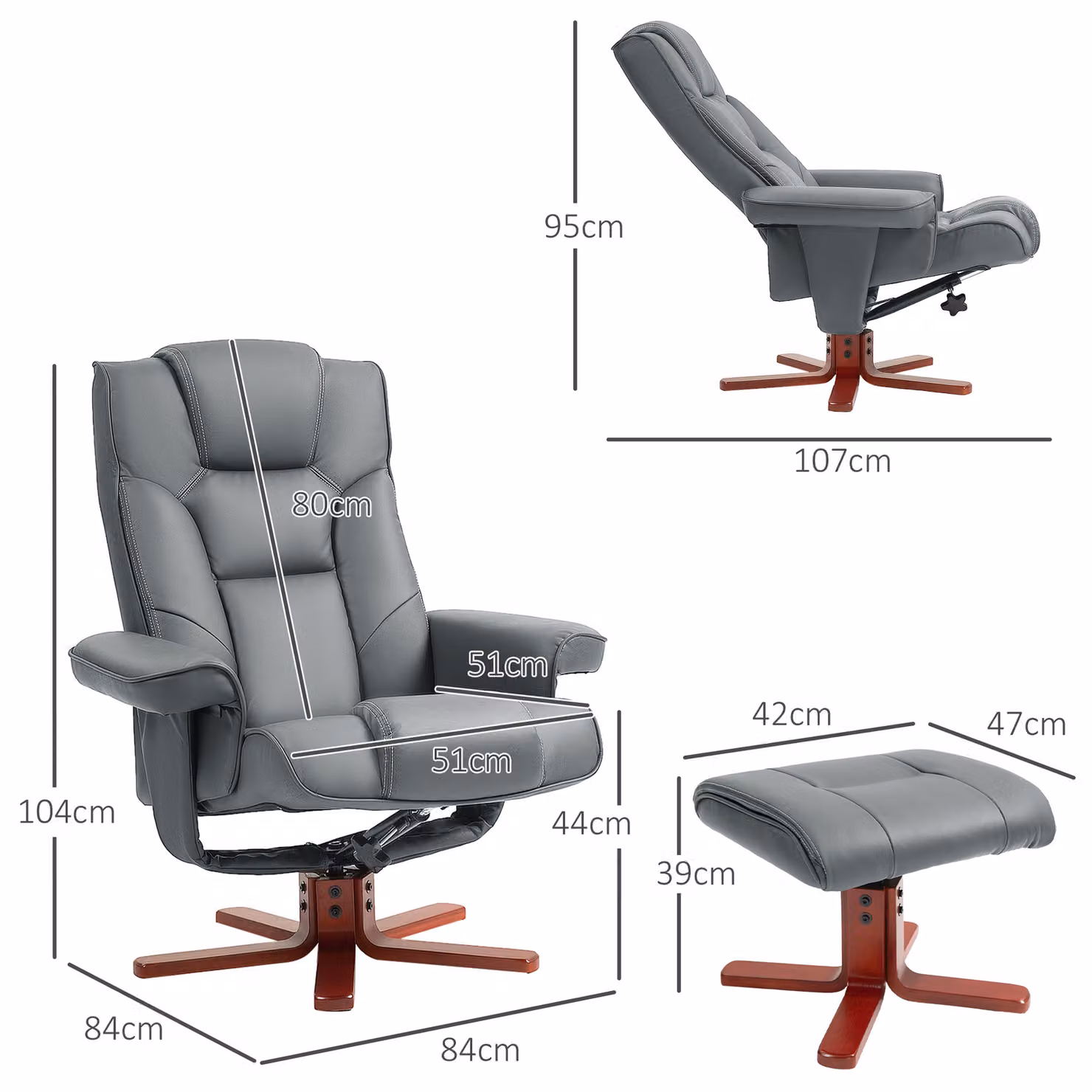 HOMCOM Grey Synthetic Leather Recliner Chair with Footstool, High Back, Armrests and Rocking Function – 3
