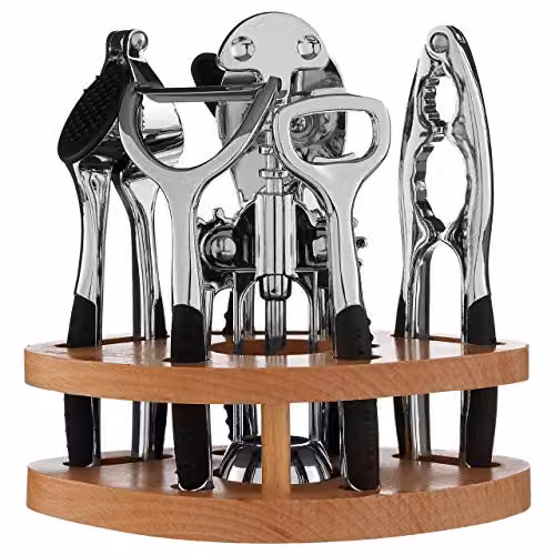 Orsina 7-Piece Silver Kitchen Tool Set with Natural Wood Stand – 1
