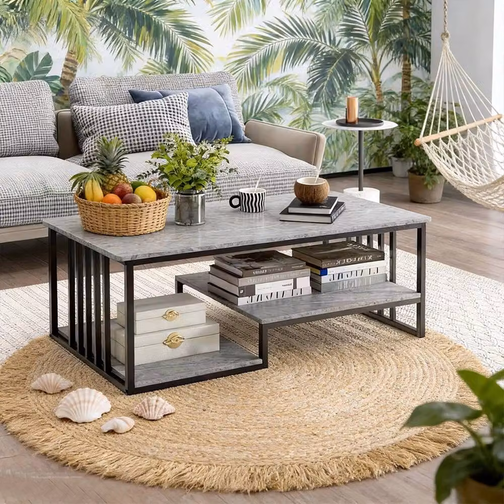 Nordara Grey Marble and Metal Coffee Table with Open Storage and Rectangular Design – 5