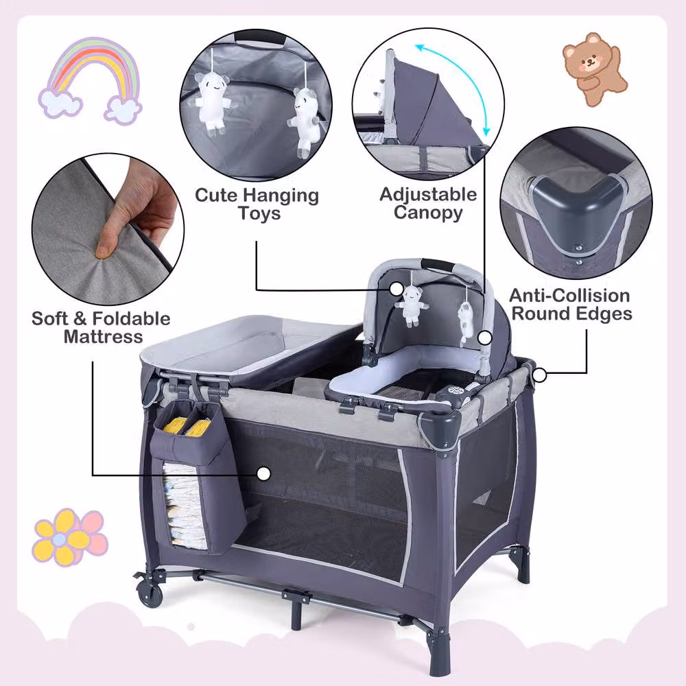 Costway Foldable Pack and Play Portable Baby Playard with Rocking Bassinet and Music Box in Dark Grey – 6