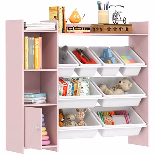 AIYAPLAY Toy Storage Unit with 8 Removable Bins in Pink, W/D/H: 100.0 x 30.0 x 112.5 cm