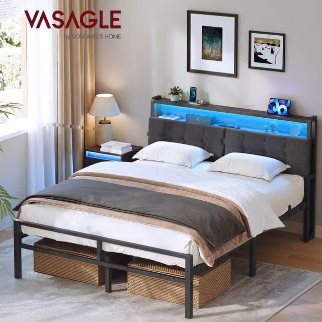 VASAGLE Modern Double Bed Frame in Black with Under-Bed LED Lighting, USB Charging Ports and Side Compartments, W/D/H: 140 x 200 x 135.5 cm