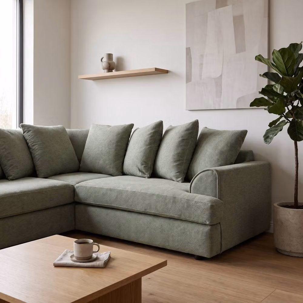 Abakus Direct Ferguson Green Bouclé L-Shape Corner Sofa with Deep Seats and Scatter Cushions – 3