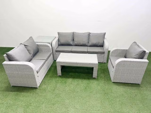 Fimous Patio 6 Seater Grey Rattan Outdoor Furniture Set with 3 Seater Sofa, Armchair, Loveseat, Coffee Table and Side Table