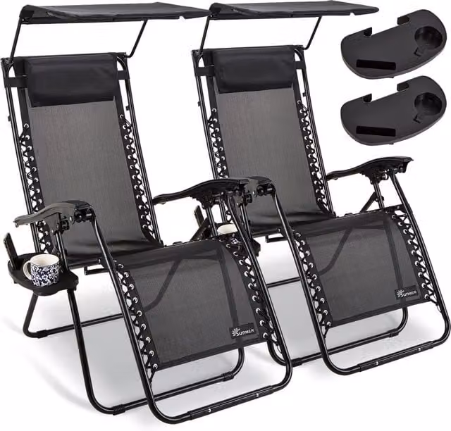 SUNMER Set of 2 Reclining Sun Lounger Garden Chairs with Canopy and Cup Holders in Black