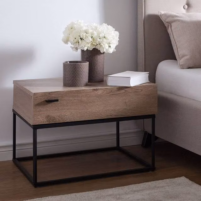 Wyld and Coco Bedside Table in Dark Brown with Black Metal Base