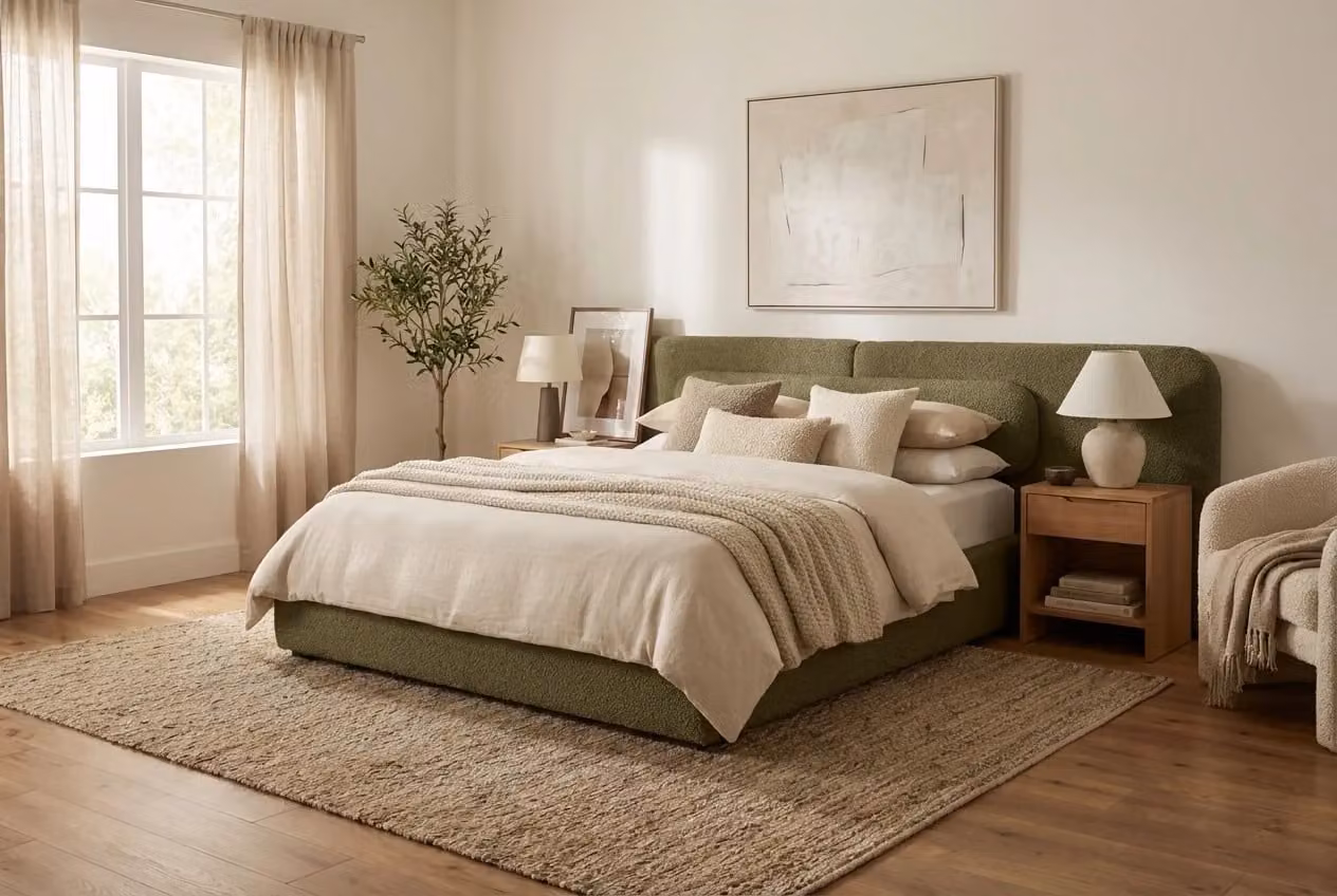 Araco Atelier Nova Bed in Beige or Green Upholstered Fabric