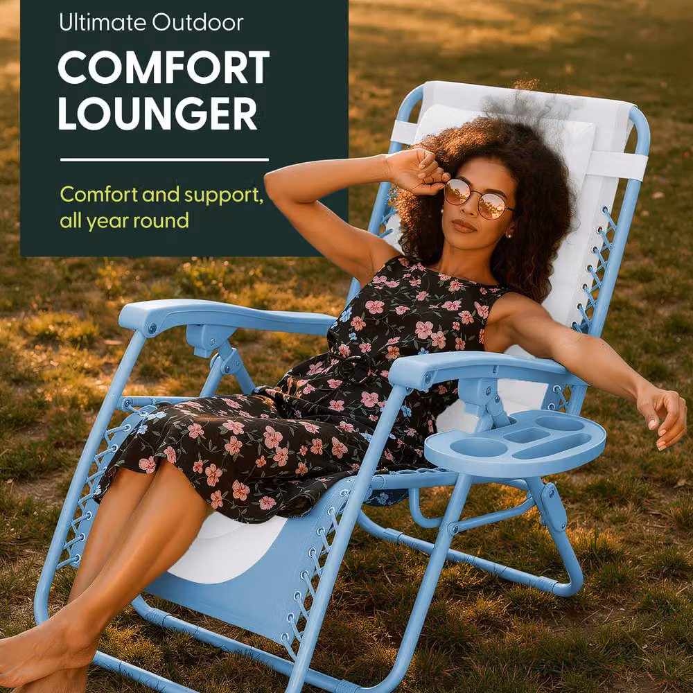 Keplin Set of 2 XXL Premium Heavy Duty Padded Zero Gravity Chairs in Blue with Adjustable Headrests and Cup Holders – 7