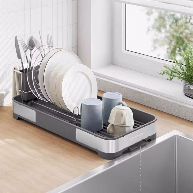 The Bazaarist Stainless Steel Dish Drying Rack with Drip Tray and Cutlery Holder, Silver and Grey