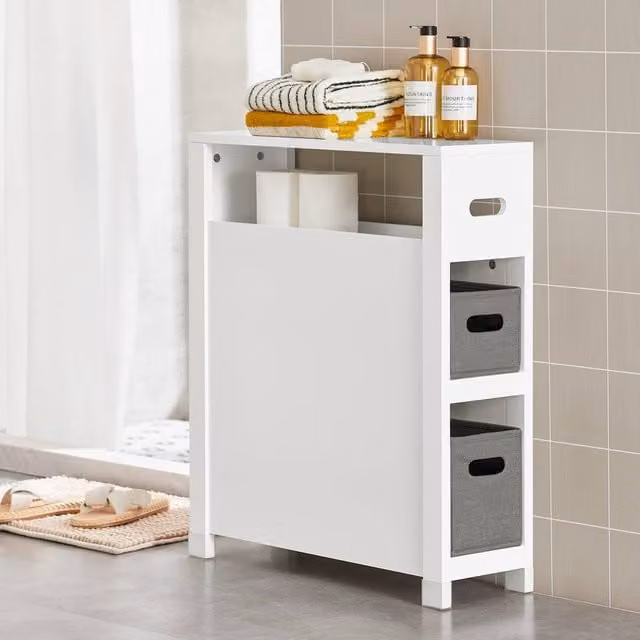 SoBuy Slim Freestanding Bathroom Side Cabinet with 2 Grey Baskets in White