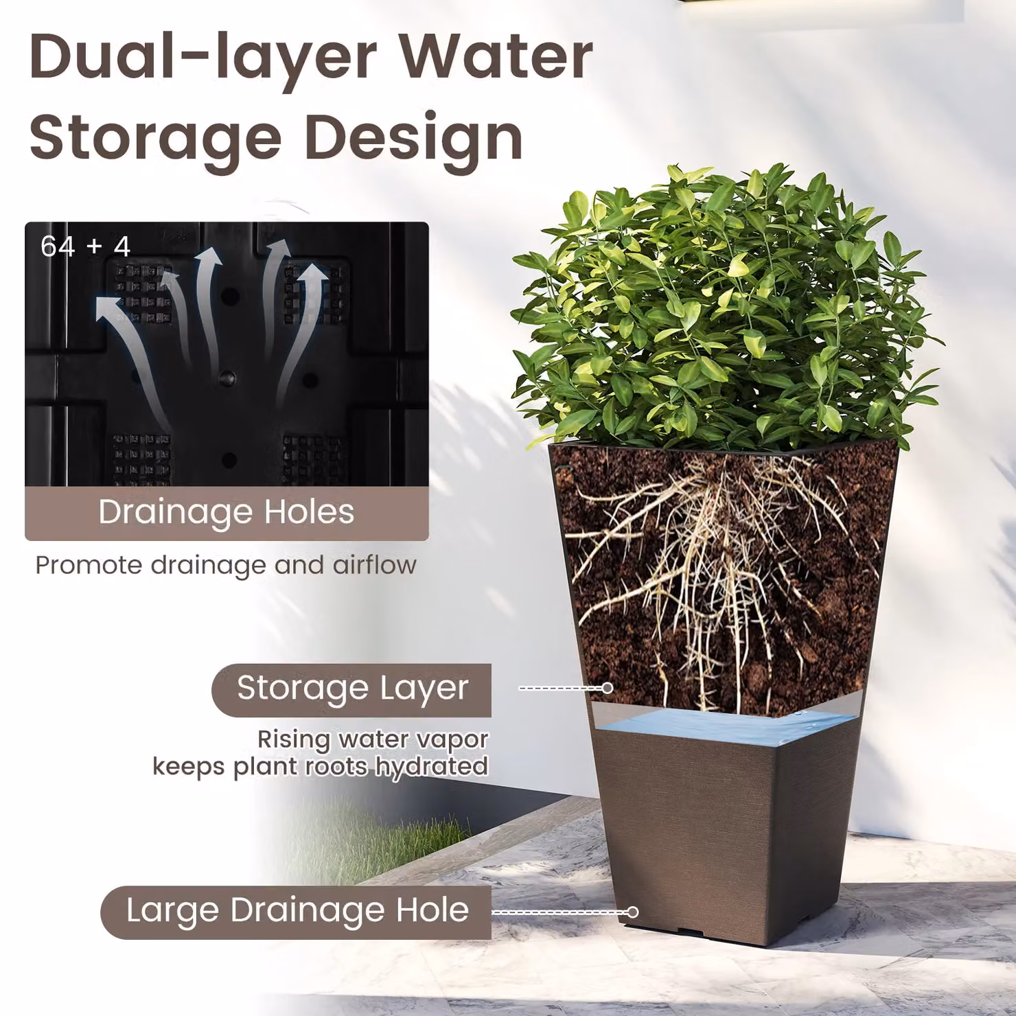 Costway 2-Piece Plastic Garden Planter Set with Removable Inner Buckets and Drainage Holes, Brown – 5